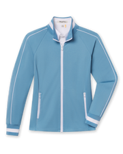 Women's Patty Jacket in Coastal, flat lay front view featuring a solid light blue fabric with white contrast piping along the sleeves, full zip closure, stand collar, dual zip pockets, and white striped cuffs