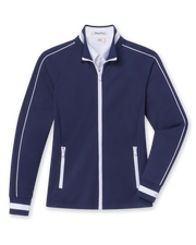 Women's Patty Jacket in New Indigo, flat lay front view featuring a solid navy fabric with white contrast piping along the sleeves, full zip closure, stand collar, dual zip pockets, and white striped cuffs