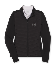 Women's 126th U.S. Open Ida Hybrid Jacket in Black, flat lay front view featuring a black long sleeve full zip hybrid jacket with a quilted front body, stretch side panels, and the 126th U.S. Open Shinnecock Hills embroidered logo on the left chest