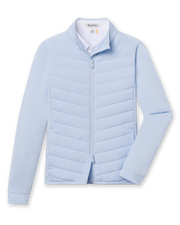 Women's Ida Hybrid Jacket in Lake, flat lay front view featuring a hybrid construction with a quilted chevron-pattern front body and solid stretch sleeves, full zip closure, stand-up collar, and ribbed cuffs, layered over a white collared shirt