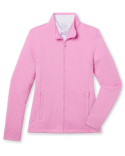 Women's Marlow Jacket in Pink Floyd, flat lay front view featuring a solid pink quilted texture full-zip jacket with a stand collar, long sleeves, and side hand pockets
