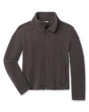 A dark gray fleece jacket with a stand-up collar, front zipper, and side pockets.