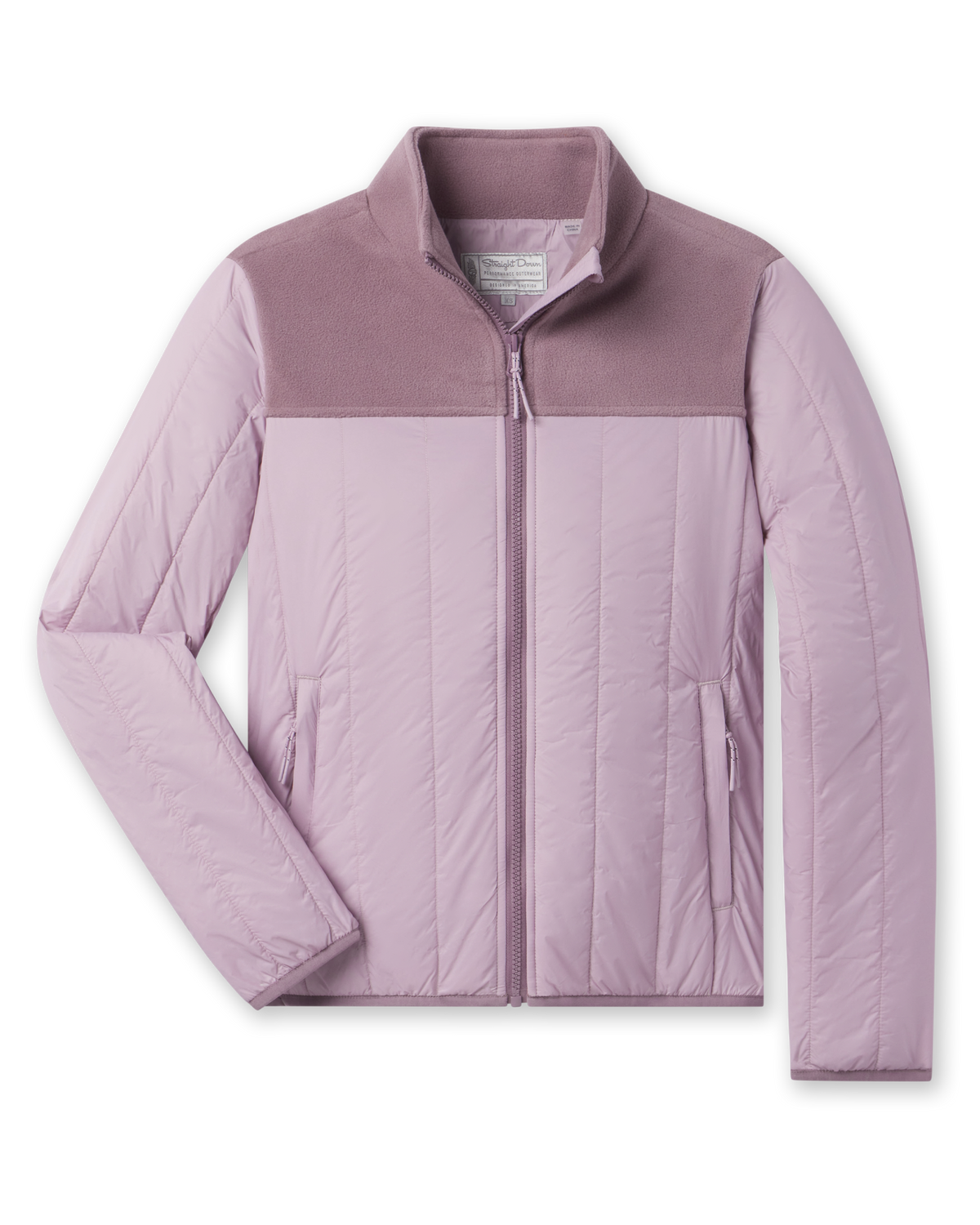 Taylor Jacket in Pink Dawn featuring lightweight quilted insulation, soft fleece yoke, full-zip front, and zip pockets
