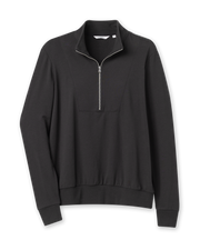 Penny Half Zip in Black, flat lay view featuring a black quarter-zip pullover with a mock neck collar, silver zipper, and ribbed cuffs and hem