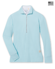 Women's Hills Quarter Zip in Gemstone, flat lay front view featuring a waffle knit construction with a quarter zip silver closure, stand-up collar, ribbed cuffs and hem, and Straight Down logo patch, layered over a white collared shirt