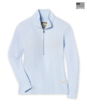 Women's Hills Quarter Zip in Lake, flat lay front view featuring a waffle knit construction with a quarter zip silver closure, stand-up collar, ribbed cuffs and hem, and Straight Down logo patch