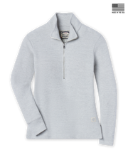 Women's Hills Quarter Zip in Heather, flat lay front view featuring a waffle knit construction with a quarter zip silver closure, stand-up collar, ribbed cuffs and hem, and Straight Down logo patch