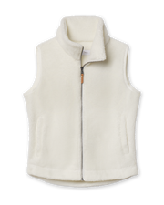 Front view of the Bailey Vest in Coconut, featuring soft ivory fleece, a stand collar, full-length zipper with leather pull tab, and two front pockets.