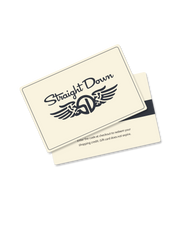 Straight Down Gift Card, product view featuring front and back of a cream gift card with the Straight Down winged logo on the front and redemption instructions on the back