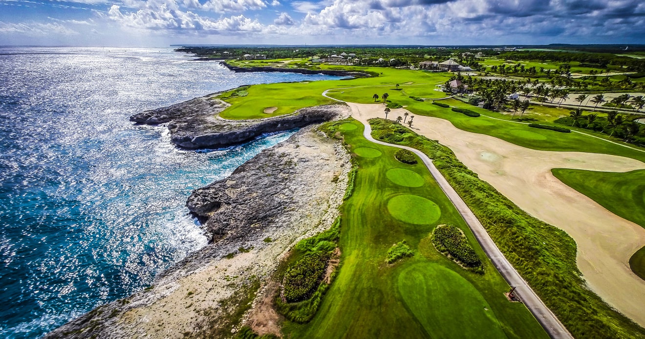 Aerial view of Corales Golf Course on the Caribbean coast at Puntacana Resort during tournament week