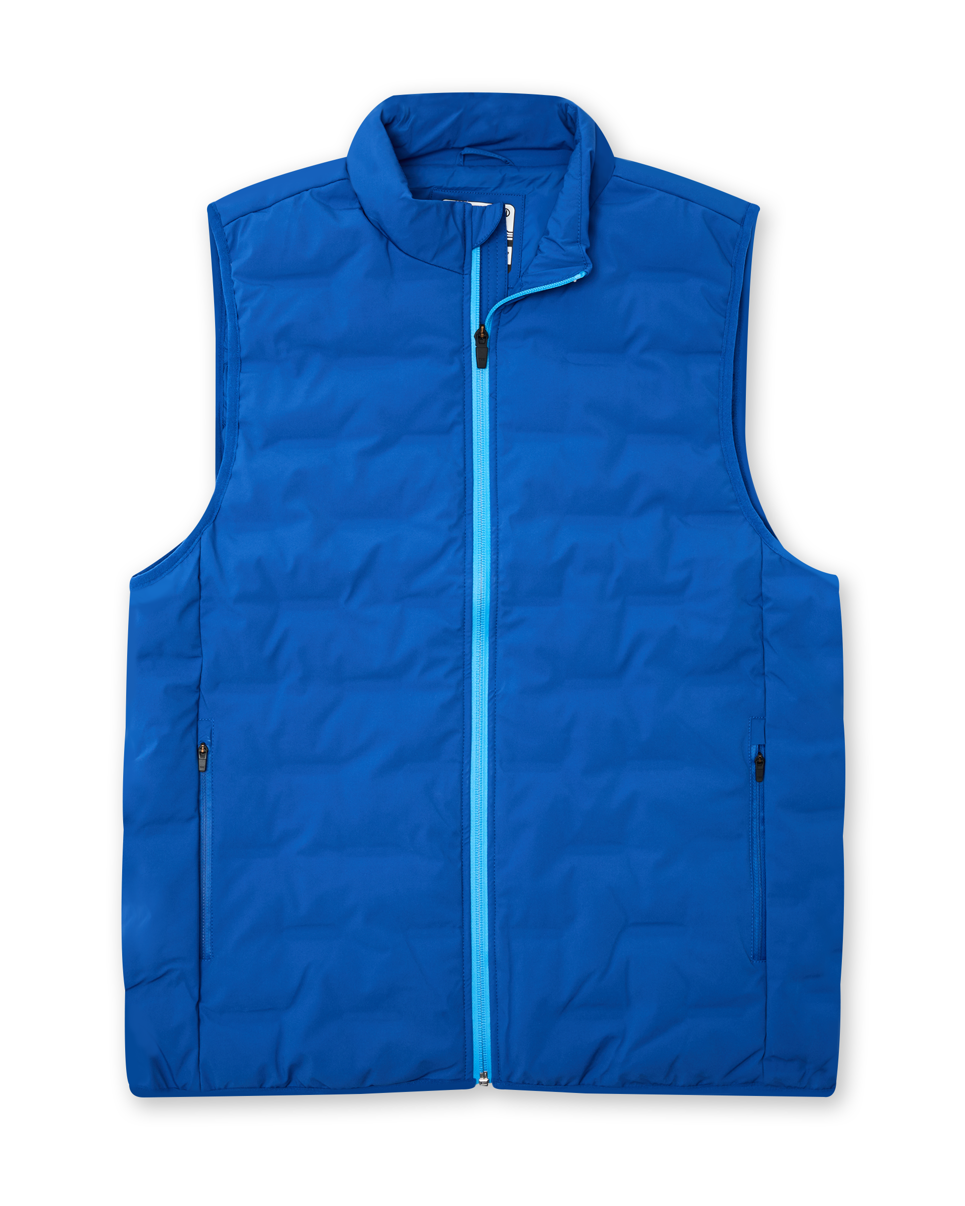 Men's Peak Vest in Azurite, flat lay front view featuring a royal blue quilted vest with a full zip closure, mock neck collar, light blue zip trim detail, and side zip pockets