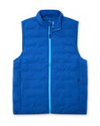 Men's Peak Vest in Azurite, flat lay front view featuring a royal blue quilted vest with a full zip closure, mock neck collar, light blue zip trim detail, and side zip pockets