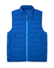 Men's Peak Vest in Azurite, flat lay front view featuring a royal blue quilted vest with a full zip closure, mock neck collar, light blue zip trim detail, and side zip pockets