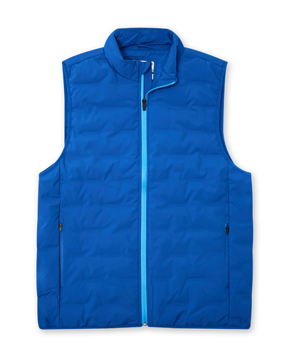 Men's Peak Vest in Azurite, flat lay front view featuring a royal blue quilted vest with a full zip closure, mock neck collar, light blue zip trim detail, and side zip pockets