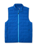Men's Peak Vest in Azurite, flat lay front view featuring a royal blue quilted vest with a full zip closure, mock neck collar, light blue zip trim detail, and side zip pockets