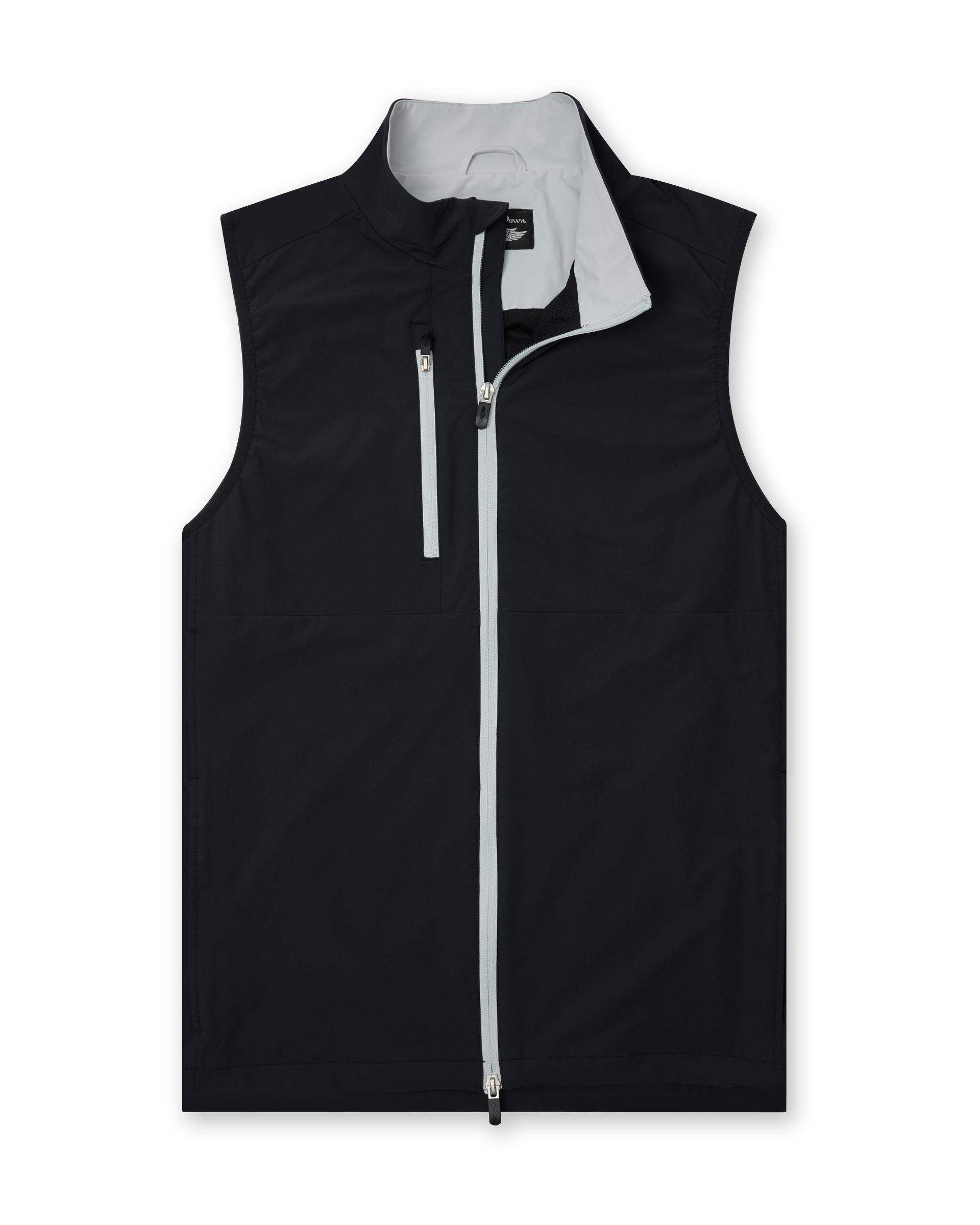 Men's Denver Vest in Black, flat lay front view featuring a black lightweight vest with contrast light grey full zip closure and chest zip pocket