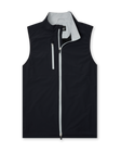 Men's Denver Vest in Black, flat lay front view featuring a black lightweight vest with contrast light grey full zip closure and chest zip pocket