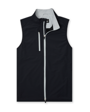 Men's Denver Vest in Black, flat lay front view featuring a black lightweight vest with contrast light grey full zip closure and chest zip pocket