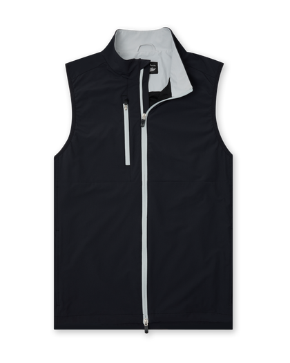 Men's Denver Vest in Black, flat lay front view featuring a black lightweight vest with contrast light grey full zip closure and chest zip pocket