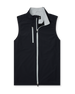 Men's Denver Vest in Black, flat lay front view featuring a black lightweight vest with contrast light grey full zip closure and chest zip pocket