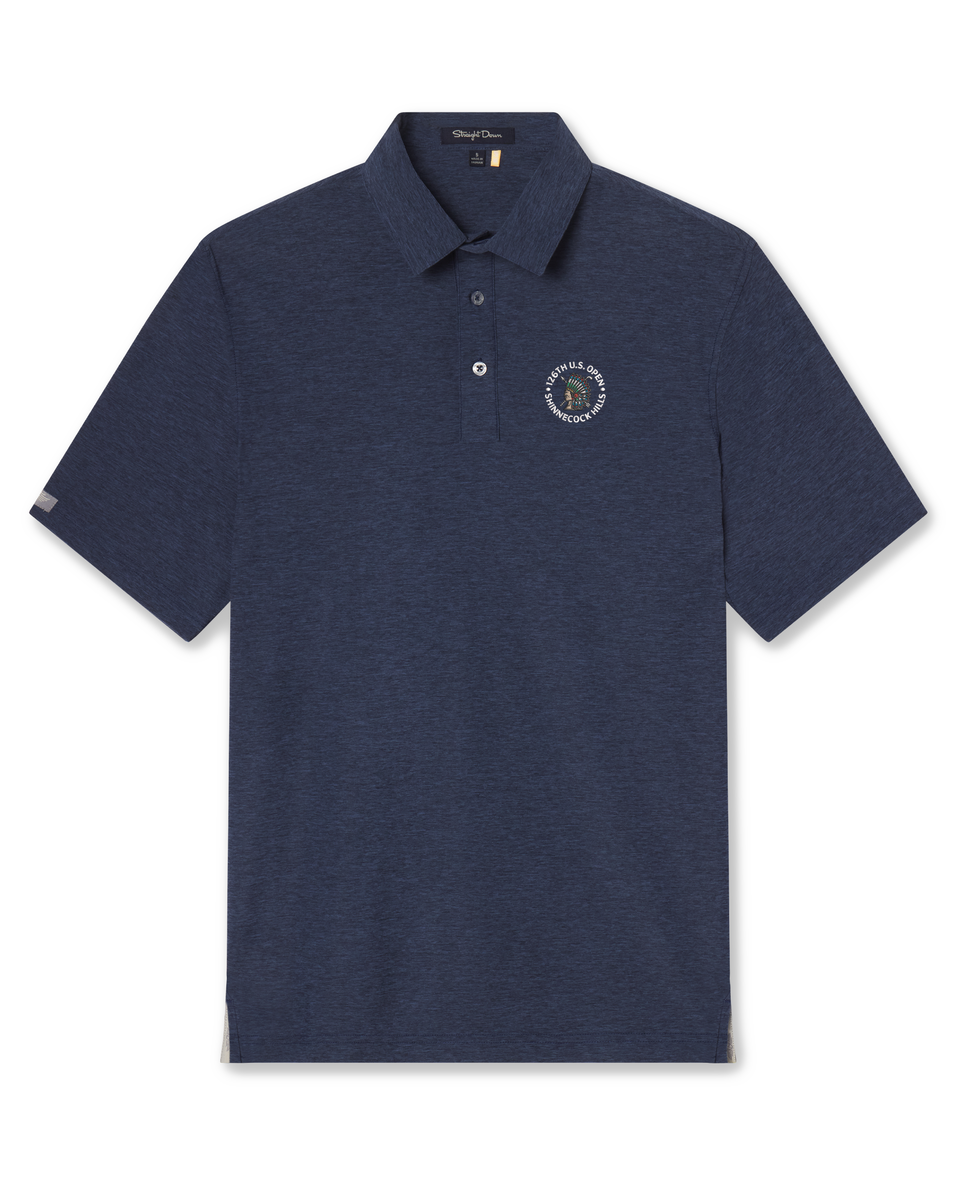 Dodge Polo in Navy, front flat lay product view with 126th U.S. Open Shinnecock Hills logo
