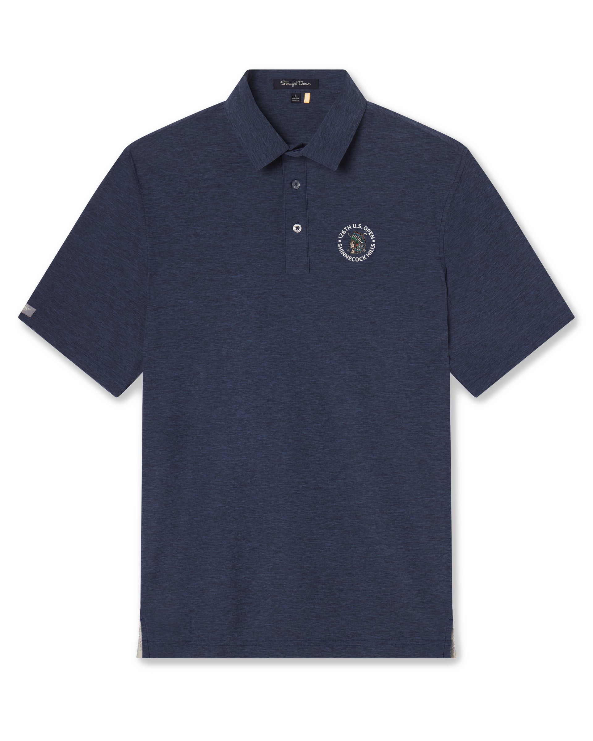 Dodge Polo in Navy, flat lay front product view with 126th U.S. Open Shinnecock Hills logo