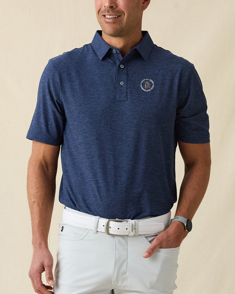 Dodge Polo in Navy, model wearing front view with embroidered chest logo