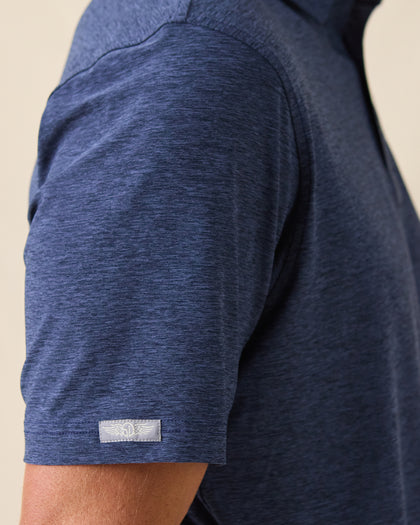 Close-up sleeve detail of Dodge Polo in Navy with woven logo tab