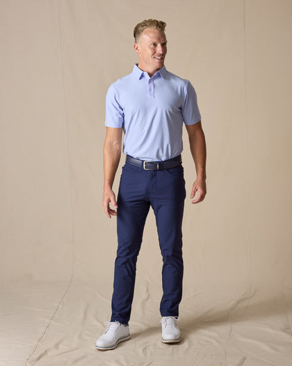 Dodge Polo in Lavender, full-body model view styled with dark pants