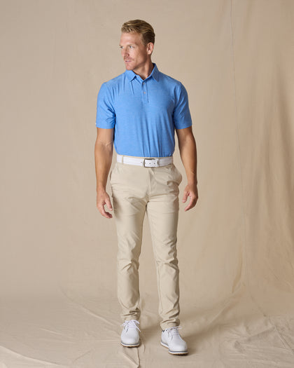 Dodge Polo in Provence Blue, full-body model view styled with light pants