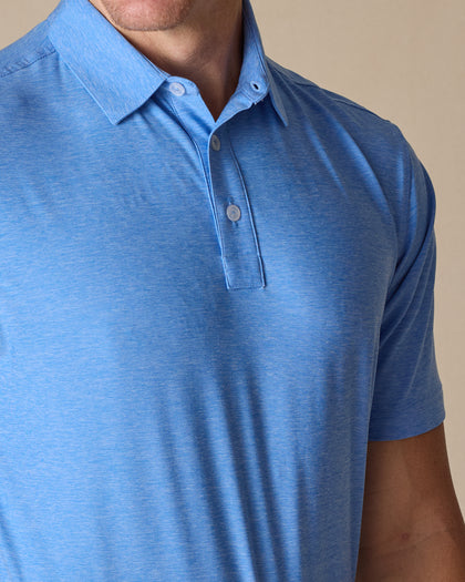 Close-up detail of Dodge Polo in Provence Blue showing collar, placket, and fabric texture