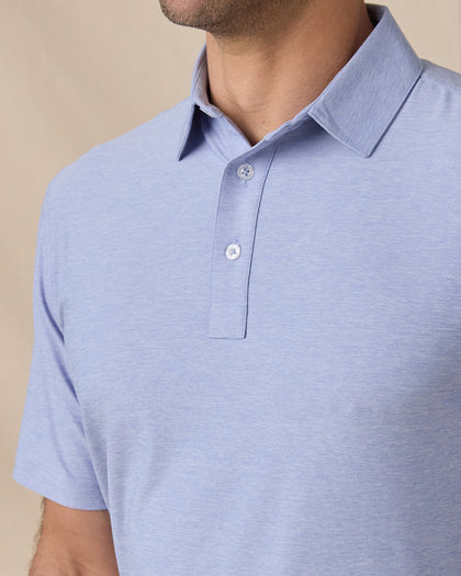 Close-up collar and placket detail of Dodge Polo in Blue Shade