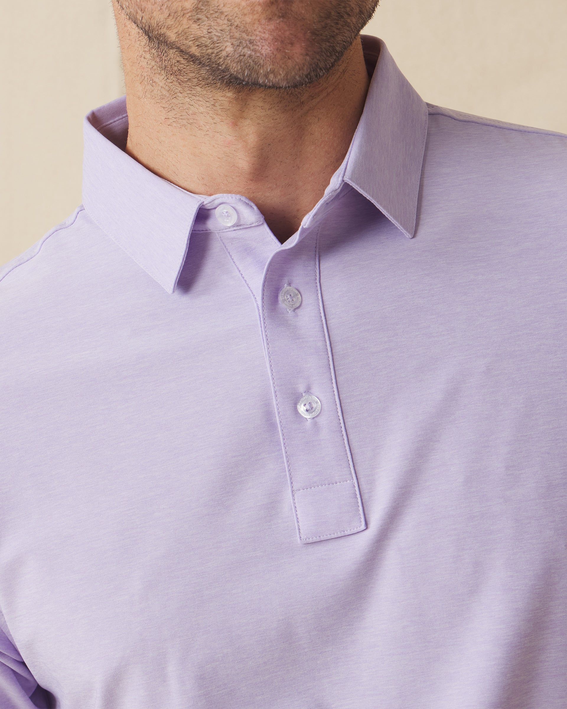 Close-up collar and placket detail of Dodge Polo in Violet