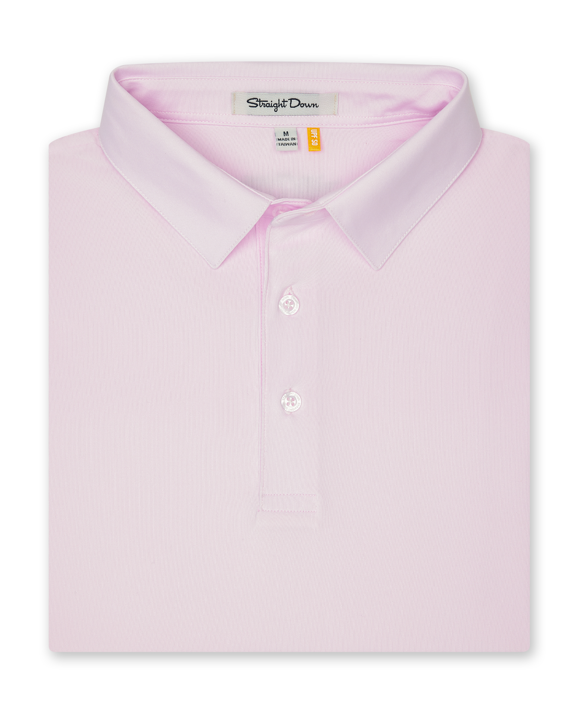 Men’s lilac polo shirt folded showing collar and button placket