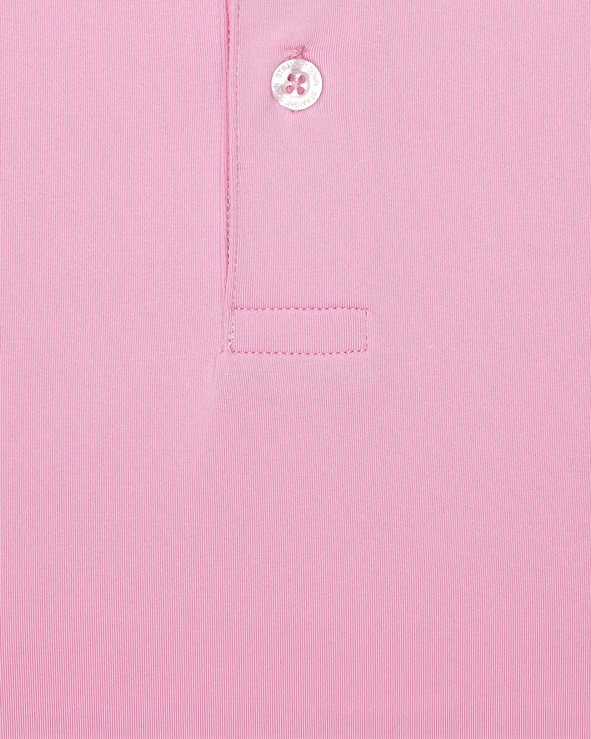 Close-up detail of Olympic Polo in Pink Floyd pink showing placket and fabric texture