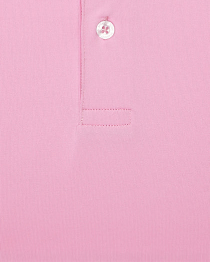 Close-up detail of Olympic Polo in Pink Floyd pink showing placket and fabric texture