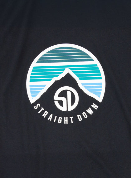 Straight Down Landscape Tee in Black, close-up view showing circular mountain graphic detail with teal and blue horizontal stripe gradient and Straight Down text