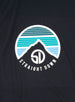 Straight Down Landscape Tee in Black, close-up view showing circular mountain graphic detail with teal and blue horizontal stripe gradient and Straight Down text
