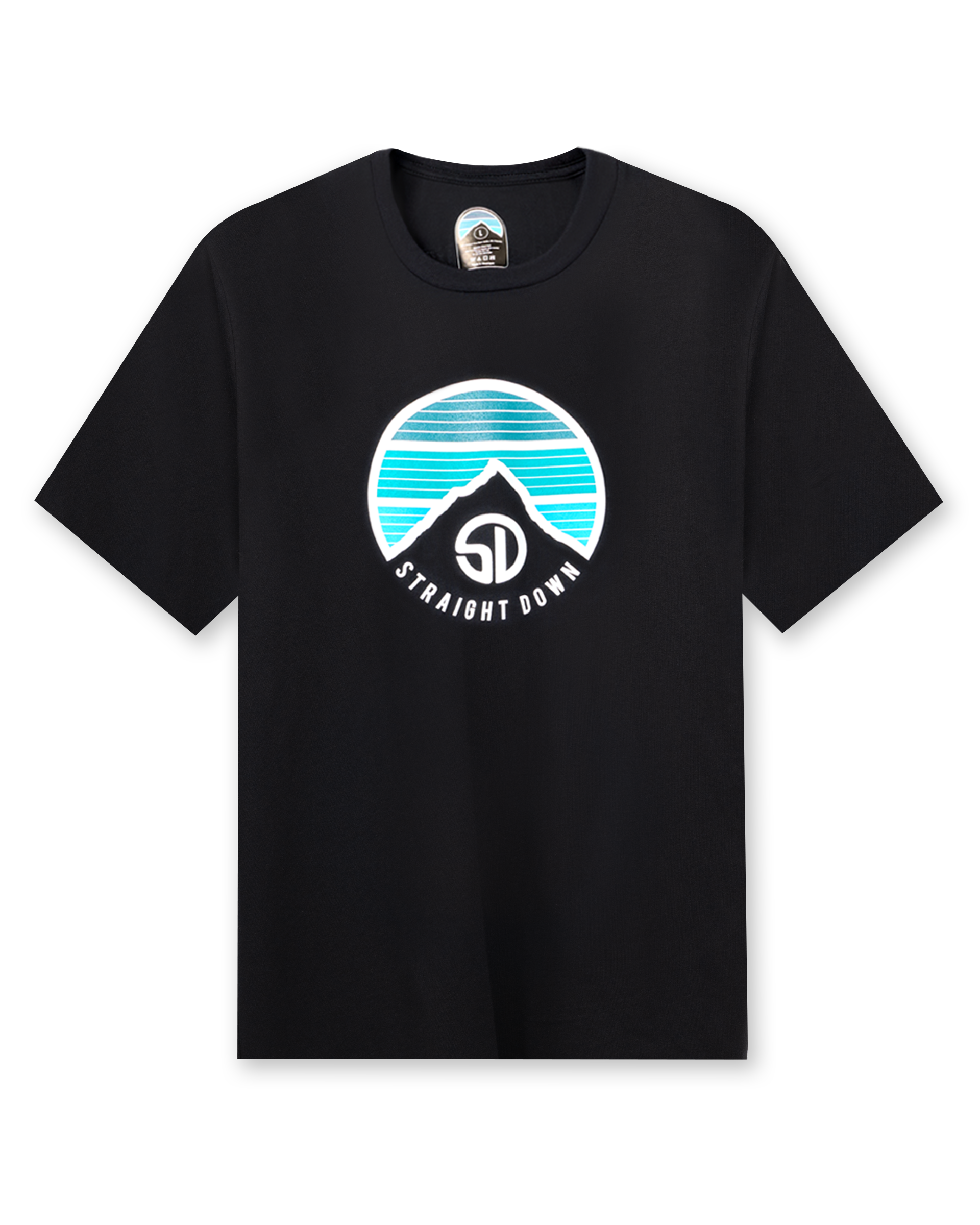 Straight Down Landscape Tee in Black, flat lay front view showing black crew neck body with circular mountain graphic featuring teal and blue horizontal stripe gradient and Straight Down text