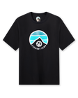 Straight Down Landscape Tee in Black, flat lay front view showing black crew neck body with circular mountain graphic featuring teal and blue horizontal stripe gradient and Straight Down text