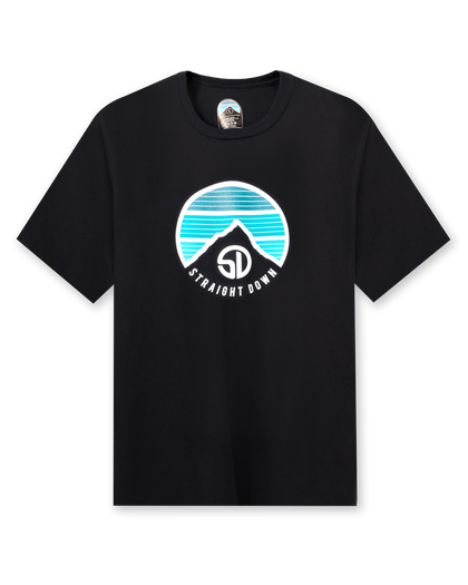 Straight Down Landscape Tee in Black, flat lay front view showing black crew neck body with circular mountain graphic featuring teal and blue horizontal stripe gradient and Straight Down text
