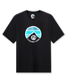 Straight Down Landscape Tee in Black, flat lay front view showing black crew neck body with circular mountain graphic featuring teal and blue horizontal stripe gradient and Straight Down text