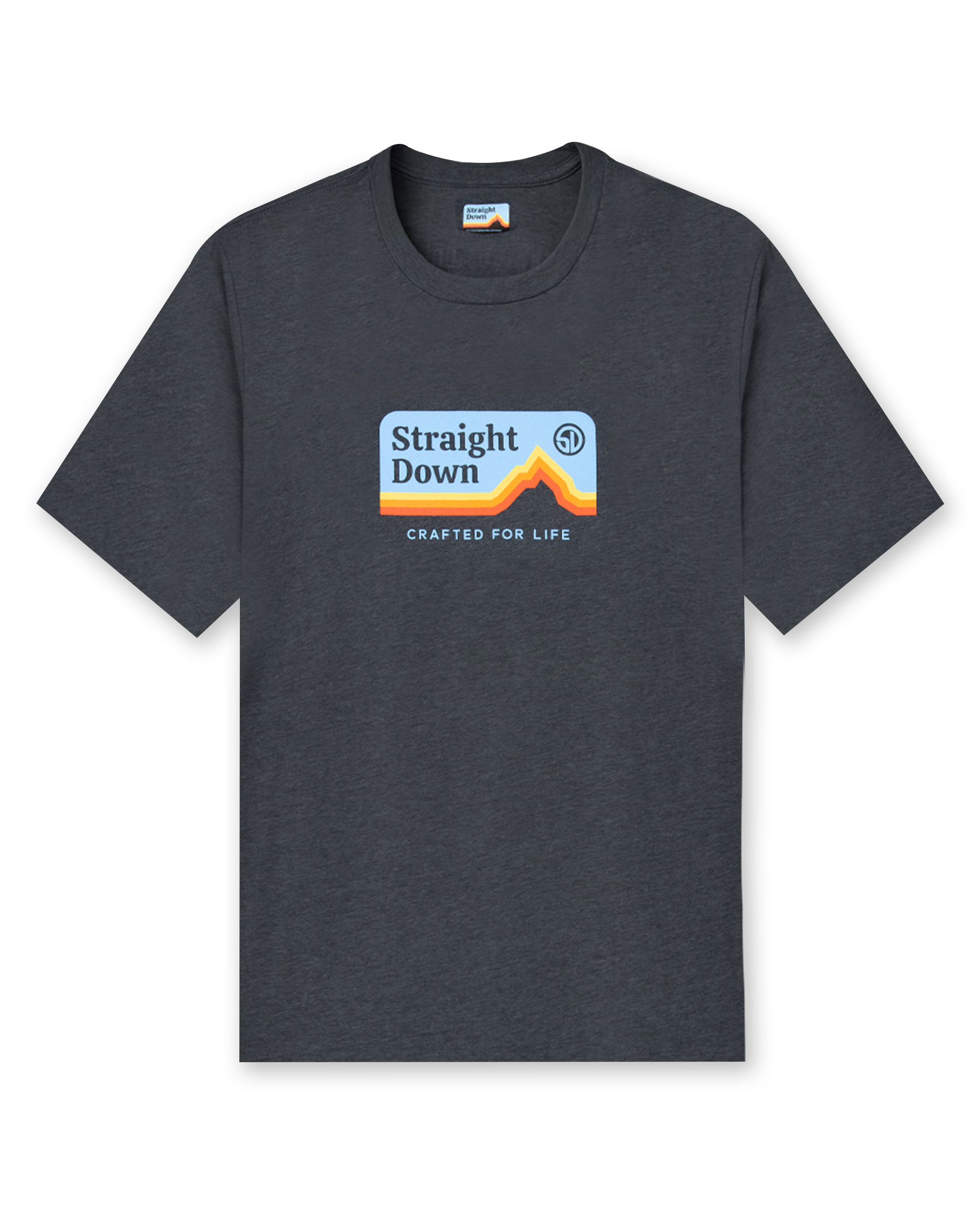 Straight Down Starsky Tee in Charcoal, flat lay front view showing charcoal heather crew neck body with retro mountain graphic featuring blue sky, orange and red layered peaks, Straight Down logo, and Crafted for Life text