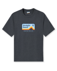 Straight Down Starsky Tee in Charcoal, flat lay front view showing charcoal heather crew neck body with retro mountain graphic featuring blue sky, orange and red layered peaks, Straight Down logo, and Crafted for Life text