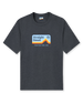 Straight Down Starsky Tee in Charcoal, flat lay front view showing charcoal heather crew neck body with retro mountain graphic featuring blue sky, orange and red layered peaks, Straight Down logo, and Crafted for Life text