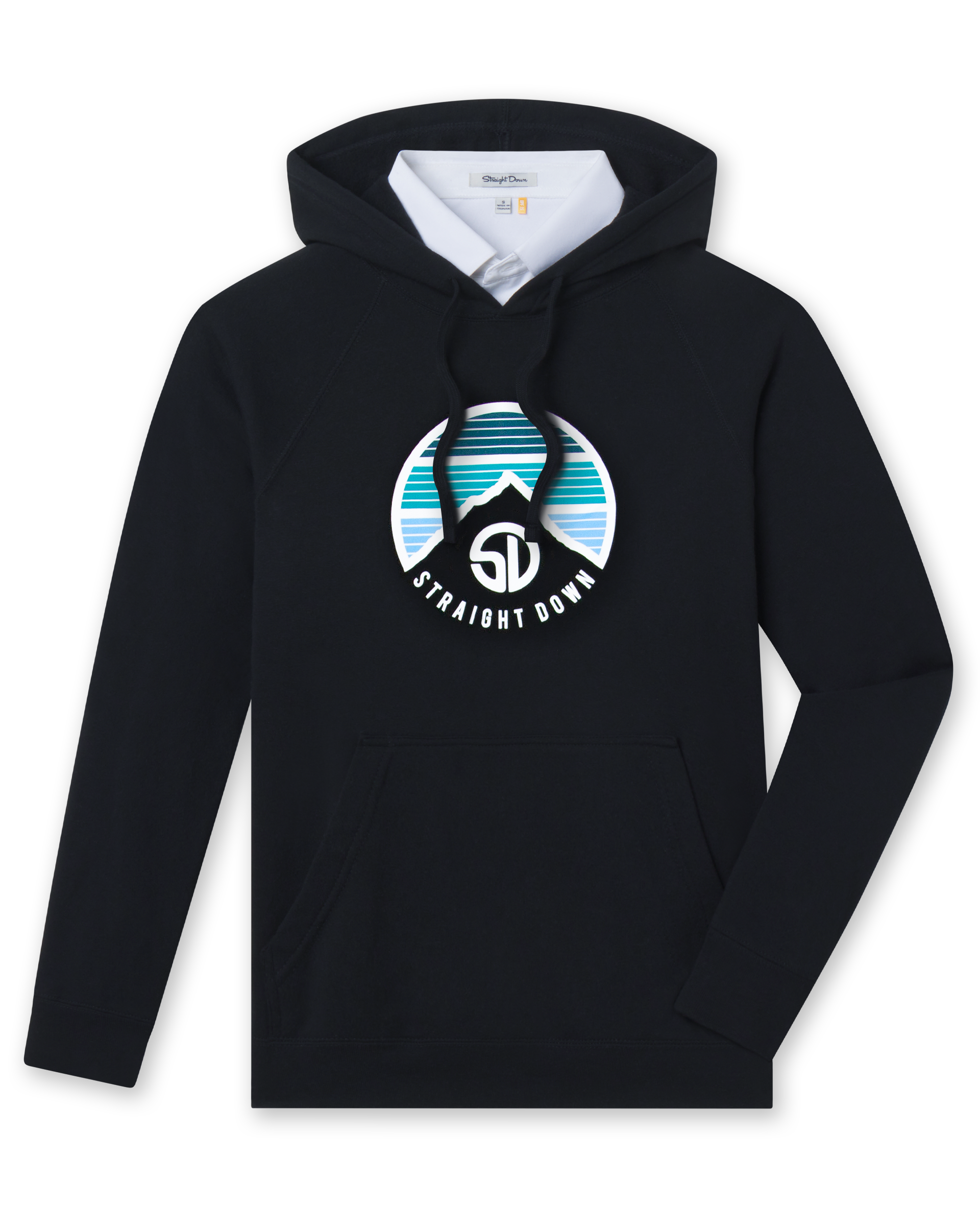 Men's Landscape Hoodie in Black, flat lay front view featuring a black pullover hoodie with a circular Straight Down mountain landscape graphic in teal, white, and navy on the chest