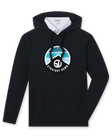 Men's Landscape Hoodie in Black, flat lay front view featuring a black pullover hoodie with a circular Straight Down mountain landscape graphic in teal, white, and navy on the chest