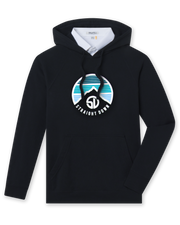 Men's Landscape Hoodie in Black, flat lay front view featuring a black pullover hoodie with a circular Straight Down mountain landscape graphic in teal, white, and navy on the chest