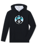 Men's Landscape Hoodie in Black, flat lay front view featuring a black pullover hoodie with a circular Straight Down mountain landscape graphic in teal, white, and navy on the chest