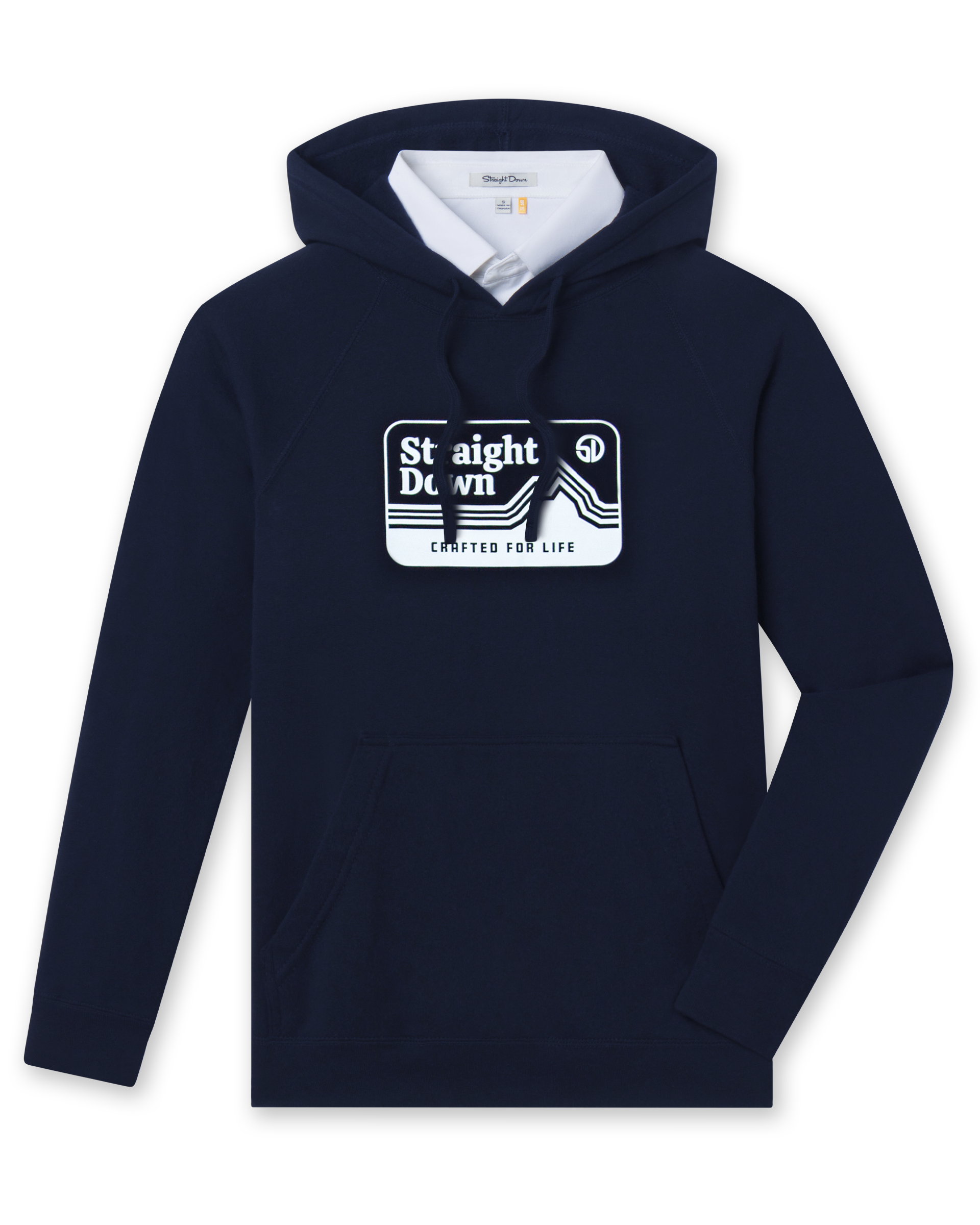 Men's Starsky Hoodie in Navy, flat lay front view featuring a navy pullover hoodie with a rectangular Straight Down 